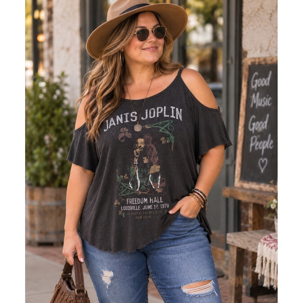 Goodie Two Sleeves Janis Joplin Cold Shoulder Graphic Tee Faded Black Size 5X